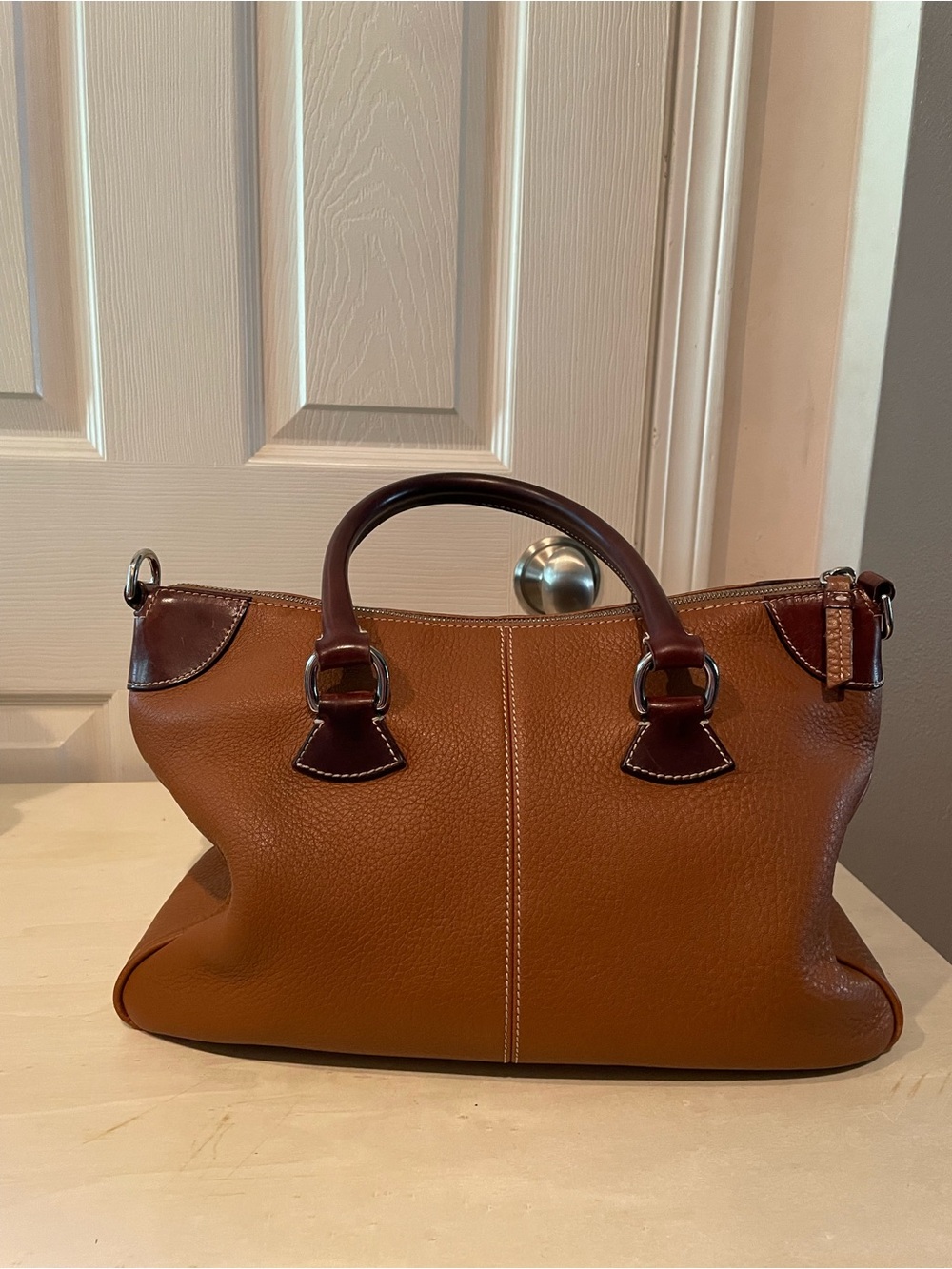 Dooney & Bourke Two-Tone Cognac Brown cobbled leather trimmed in mahogany. - Picture 2 of 9
